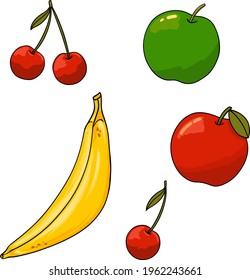 fruit set red apple yellow banana two cherries with a leaf with a black line