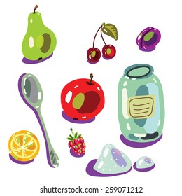fruit set, spoon, glass jar and sugar