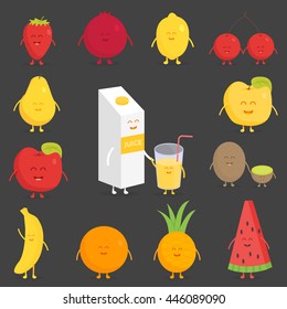 Fruit set. Strawberry, pomegranate, lemon, cherry, pear, apple, kiwi, banana, pineapple, orange, watermelon. Vector cartoon. Friends forever. Comic characters.