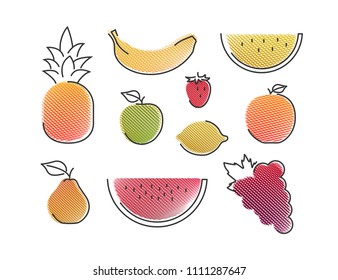 fruit set, textured color outlined shape, isolated, tartan texture