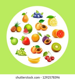 Fruit set, Vector background with fruits in circle on green backdrop. Design elements - Realistic fresh food collection in colorful style.