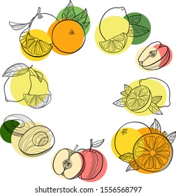 Fruit set in vector. Harvest and Thanksgiving fruit of nature, organic fresh food collection for restaurants, menus, posters and grocery bags: orange, lemon, apple, avocado in black contour and color