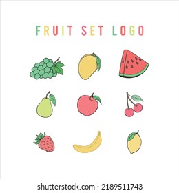Fruit set vector icon template. Grapes, mango, watermelon, guava, apple, berry, strawberry, banana, lemon