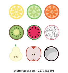 fruit set vector icons. set of fruit halves in flat style