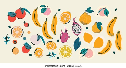 Fruit set. Vector illustration with apples, peaches, bananas, oranges, lemons, hallabones, passionfruit and berries 