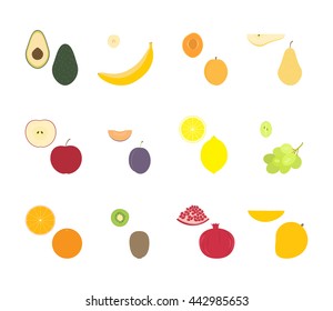 Fruit set vector illustration: avocado, banana, apricot, pear, apple, plum, lemon, wine grapes, grapes, orange, kiwi, fruit, pomegranate, mango