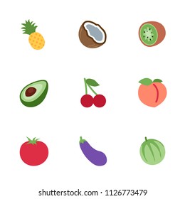 Fruit set vegetables peach kiwi avocado  eggplant watermelon cherry tomato coconut pineapple vector illustration icons, symbols collection