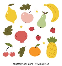Fruit set.Lemon, pear, banana, apple, strawberry, pineapple, pomegranate, peach, tangerine.