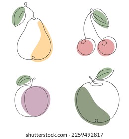 Fruit set(plum, cherry, apple, pear) drawn in one continuous line with color spots. One line drawing, minimalism. Vector illustration.