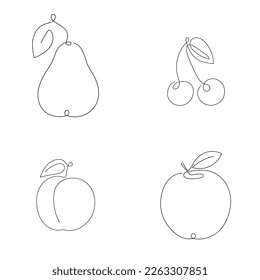 Conjunto de frutas (ciruela, cereza, manzana, pera) dibujado en una línea continua. Dibujo de una línea, minimalismo. Ilustración vectorial.