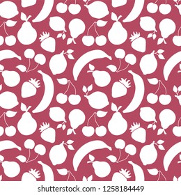 Fruit shapes seamless vector pattern. Vintage inspired banana cherry lemon strawberry pear repeat tile white on pink red background. For fabric, paper, kitchen decor, flyer, bar menu, summer party