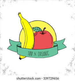 Fruit Shop Bio Label Isolated on White Background - Apple and Banana Hand Drawn Illustration with 100% Organic Title on Curved Ribbon - Can be Used for Restaurants and Shop