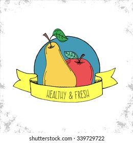Fruit Shop Bio Label Isolated on White Background - Pear nad Apple Hand Drawn Illustration with Healthy and Fresh Title on Curved Ribbon - Can be Used for Restaurants and Shop