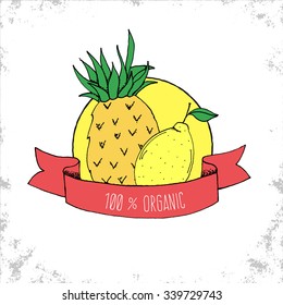 Fruit Shop Bio Label Isolated on White Background - Pineapple and Lemon Hand Drawn Illustration with 100% Organic Title on Curved Ribbon - Can be Used for Restaurants and Shop
