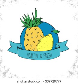 Fruit Shop Bio Label Isolated on White Background - Pineapple and Lemon Hand Drawn Illustration with Healthy and Fresh Title on Curved Ribbon - Can be Used for Restaurants and Shop