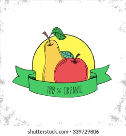 Fruit Shop Bio Label Isolated on White Background - Pear nad Apple Hand Drawn Illustration with 100% Organic Title on Curved Ribbon - Can be Used for Restaurants and Shop