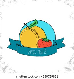Fruit Shop Bio Label Isolated on White Background - Peach and Strawberry Hand Drawn Illustration with Fresh Fruits Lettering on Curved Ribbon - Can be Used for Restaurants and Shop