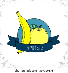 Fruit Shop Bio Label Isolated on White Background - Apple and Banana Hand Drawn Illustration with Fresh Fruits Lettering on Curved Ribbon - Can be Used for Restaurants and Shop
