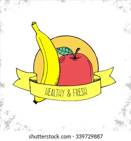 Fruit Shop Bio Label Isolated on White Background - Apple And Banana Hand Drawn Illustration with Healthy and Fresh Title on Curved Ribbon - Can be Used for Restaurants and Shop