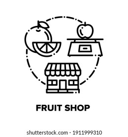 Fruit Shop Food Vector Icon Concept. In Fruit Shop Building Selling Vegetarian Nutrition And Natural Delicious Products, Orange And Apple On Electronic Scales. Eco Nourishment Sale Black Illustration