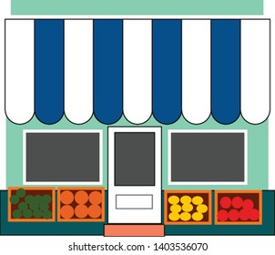 A fruit shop with lot of fresh fruits arranged in front , vector, color drawing or illustration.