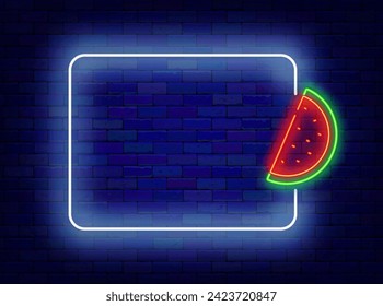 Fruit shop neon advertising. Summer juicy berry. Empty white frame and watermelon slice symbol. Healthy vegan food sign. Copy space. Glowing flyer. Editing text. Vector stock illustration