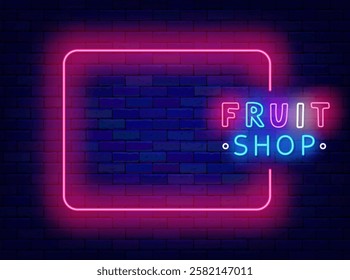 Fruit shop neon invitation. Vegetarian market. Healthy food store. Light greeting card. Vector stock illustration