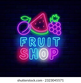 Fruit shop neon signboard. Grape, watermelon and plum. Eco farm design. Vegetarian grocery. Healthy food market. Glowing advertising. Editable stroke. Vector stock illustration