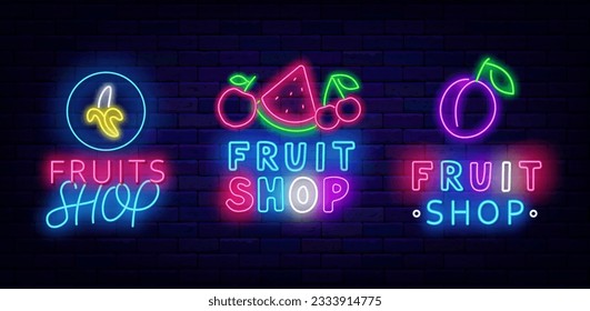 Fruit shop neon signs collection. Banana, watermelon and plum. Apple and cherry. Eco farm design. Vegetarian grocery. Healthy food market. Glowing labels set. Vector stock illustration