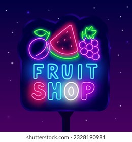 Fruit shop neon street billboard. Glowing outdoor advertising. Grape, watermelon and plum. Eco farm design. Vegetarian grocery. Healthy food market. Glowing advertising. Vector stock illustration