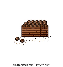 Pintura de píxel de la tienda de frutas. Cocos en una caja de madera. Coco, icono de arte de píxeles alimentarios aislado en fondo blanco. Puesto de frutas. Muestra con residuos de fruta. Ilustración vectorial. Coconuts pixel art.