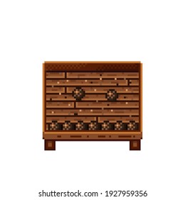 Fruit shop pixel art. Coconuts in a wooden crate. Coconut,  food pixel art icon isolated on white background. Fruit stall. Showcase with Fruit waste. Vector illustration. Coconuts pixel art.