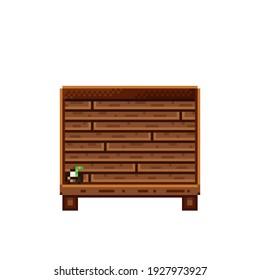 Fruit shop pixel art. Coconuts in a wooden crate. Coconut,  food pixel art icon isolated on white background. Fruit stall. Showcase with Fruit waste. Vector illustration. Coconuts pixel art.