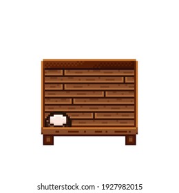 Fruit shop pixel art. Coconuts in a wooden crate. Coconut,  food pixel art icon isolated on white background. Fruit stall. Showcase with Fruit waste. Vector illustration. Coconuts pixel art.