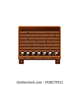 Pintura de píxel de la tienda de frutas. Cocos en una caja de madera. Coco, icono de arte de píxeles alimentarios aislado en fondo blanco. Puesto de frutas. Muestra con residuos de fruta. Ilustración vectorial. Coconuts pixel art.