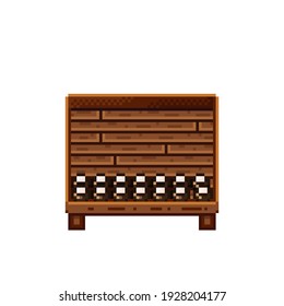 Pintura de píxel de la tienda de frutas. Cocos en una caja de madera. Coco, icono de arte de píxeles alimentarios aislado en fondo blanco. Puesto de frutas. Muestra con residuos de fruta. Ilustración vectorial. Coconuts pixel art.