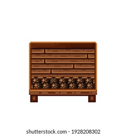 Fruit shop pixel art. Coconuts in a wooden crate. Coconut,  food pixel art icon isolated on white background. Fruit stall. Showcase with Fruit waste. Vector illustration. Coconuts pixel art.