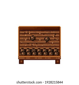 Pintura de píxel de la tienda de frutas. Cocos en una caja de madera. Coco, icono de arte de píxeles alimentarios aislado en fondo blanco. Puesto de frutas. Muestra con residuos de fruta. Ilustración vectorial. Coconuts pixel art.