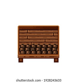 Pintura de píxel de la tienda de frutas. Cocos en una caja de madera. Coco, icono de arte de píxeles alimentarios aislado en fondo blanco. Puesto de frutas. Muestra con residuos de fruta. Ilustración vectorial. Coconuts pixel art.