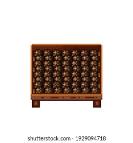 Fruit shop pixel art. Coconuts in a wooden crate. Coconut,  food pixel art icon isolated on white background. Fruit stall. Showcase with Fruit waste. Vector illustration. Coconuts pixel art.