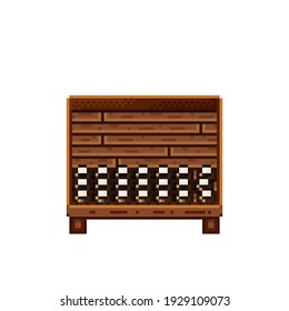 Pintura de píxel de la tienda de frutas. Cocos en una caja de madera. Coco, icono de arte de píxeles alimentarios aislado en fondo blanco. Puesto de frutas. Muestra con residuos de fruta. Ilustración vectorial. Coconuts pixel art.