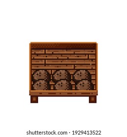 Fruit shop pixel art. Coconuts in a wooden crate. Coconut,  food pixel art icon isolated on white background. Fruit stall. Showcase with Fruit waste. Vector illustration. Coconuts pixel art.