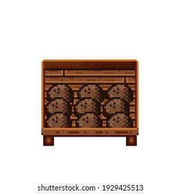 Pintura de píxel de la tienda de frutas. Cocos en una caja de madera. Coco, icono de arte de píxeles alimentarios aislado en fondo blanco. Puesto de frutas. Muestra con residuos de fruta. Ilustración vectorial. Coconuts pixel art.
