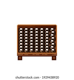 Fruit shop pixel art. Coconuts in a wooden crate. Coconut,  food pixel art icon isolated on white background. Fruit stall. Showcase with Fruit waste. Vector illustration. Coconuts pixel art.