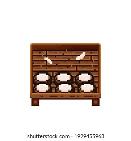 Pintura de píxel de la tienda de frutas. Cocos en una caja de madera. Coco, icono de arte de píxeles alimentarios aislado en fondo blanco. Puesto de frutas. Muestra con residuos de fruta. Ilustración vectorial. Coconuts pixel art.