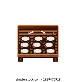 Pintura de píxel de la tienda de frutas. Cocos en una caja de madera. Coco, icono de arte de píxeles alimentarios aislado en fondo blanco. Puesto de frutas. Muestra con residuos de fruta. Ilustración vectorial. Coconuts pixel art.
