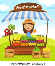 Fruit Shop Stall. Farmers Market, Cartoon Characters Vector Illustration
