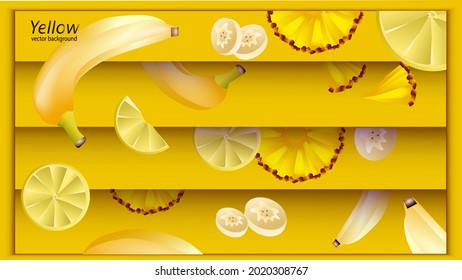 Obstladen. Gelber einfarbiger Hintergrund.Vektorgrafik in allen Gelbtönen mit Früchten. Bananen, Zitronen, Ananas .... Vitamine und gute Laune

