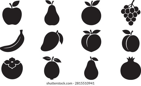 Fruit Silhouette Bundle Vector Set, Black Fruit Icons Collection, Cherry Peach Plum Clipart