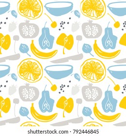 Fruit silhouettes pattern. Pear, apple, cherry, strawberry, banana, pomegranate, lemon